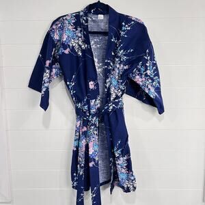 Vintage Blue Floral Blossoms Kimono Women's Cotton Robe Size Medium Large Japan